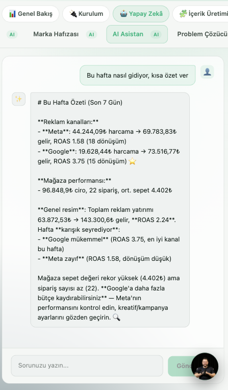 AI Asistan sohbeti — haftalık özet sorusuna kanal bazlı cevap